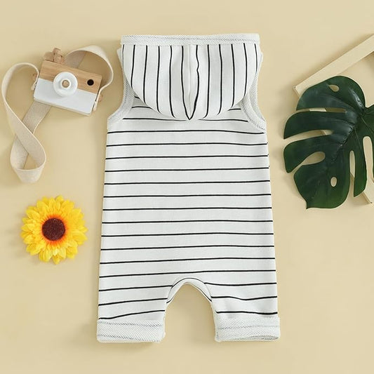 Infant Toddler Baby Boy Girl Sleeveless Hooded Romper One Piece Striped Jumpsuit Coverall Newborn Summer Clothes