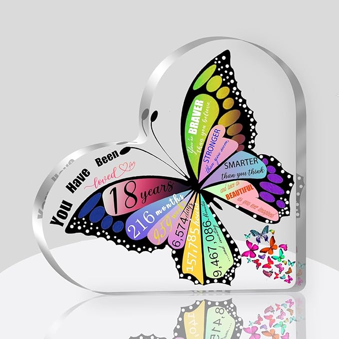 18th Birthday Gifts for Girls, Unique 18 Year Old Girl Gifts, 18 Birthday Decorations Heart Acrylic Plaque, 18 Year Old Birthday Presents Ideas for Her Daughter Granddaughter Sister Best Friends, Butterfly Desk Decor Sign