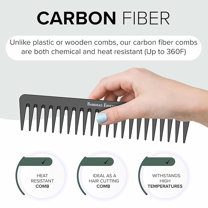 Black Carbon Wide Tooth Comb for Curly and Straight Hair (7 inch) - Professional Detangling Comb for Men & Women - Detangler Big Tooth Comb for Curls and Wet Hair - Large Barber Comb for Hair Styling