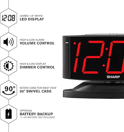 SHARP Home LED Digital Alarm Clock  Swivel Base - Outlet Powered, Simple Operation, Alarm, Snooze, Brightness Dimmer, Big Green Digit Display, (Midnight Black -Red LED)