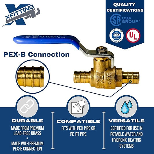 2 Pieces 1/2" Pex Ball Valve Hot and Cold, 24-2-1&2=2X