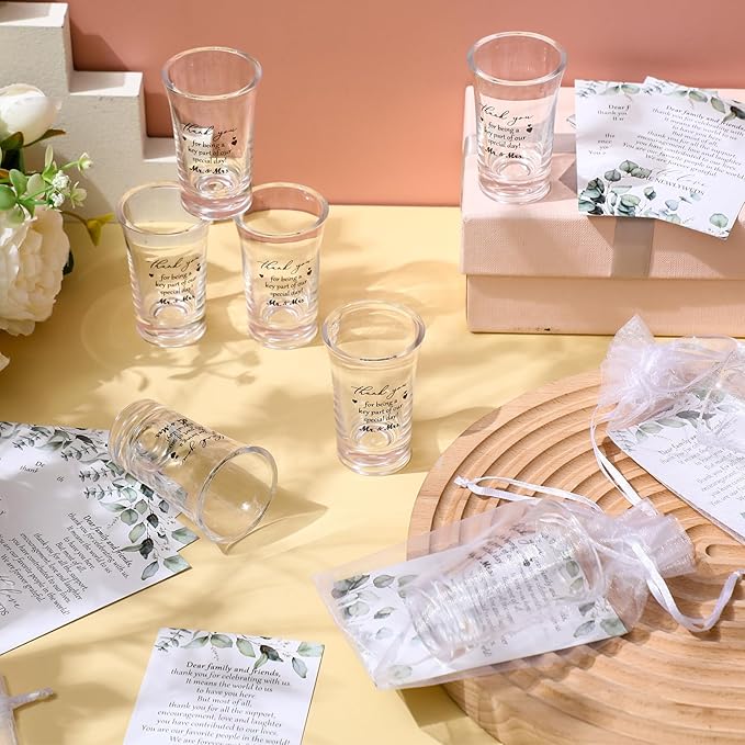 Uiifan 50 Sets Wedding Favors for Guests Wedding Shot Glasses Acrylic Clear Plastic Shot Glass with Thank You Card and Organza Bag for Newlyweds Bridal Shower Party Favors Souvenirs Gifts