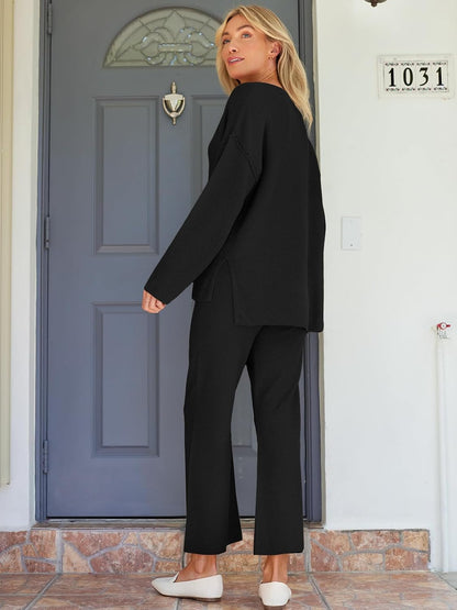 Super soft knit sweater set, oversized slouchy fit, wide-leg pants, stylish laidback look, incredibly comfortable.