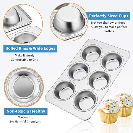 E-far Muffin Pan Set of 2, Stainless Steel Muffin Pan Tin for Baking, 6-Cup Metal Cupcake Pan Tray, Non-toxic  Healthy, Oven  Dishwasher Safe, Regular Size - 11.44 x 7.12 x 1.25 inch