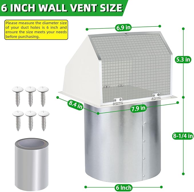 6 Inch Hooded Wall Vent with Screen and Damper,6" Vent Hood Wall Exhaust Vent Cover,Dryer Vent Cover Outside,6"Vent Cover Exterior Wall Vent Cap for Range Hood Kitchen Air Ventilation,Galvanized Steel