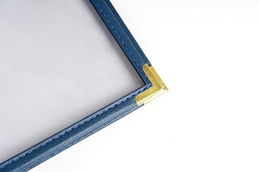 Menu Covers, Triple Page, 3 Pockets, 6 View, for 8.5" x 14" Legal Size Paper, Pack of 6, Blue Edging  Gold Metal Corner, Made with Leatherette  Vinyl