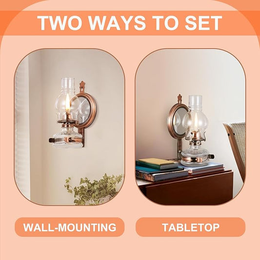 2 Pieces Large Wall Oil Lamp Vintage Glass Kerosene Lamp 7/8 Wick Antique Decorative Wall Mounted Oil Lamps for Indoor Use Emergency Lighting Hurricane Lamp with Mirror Oil Lantern