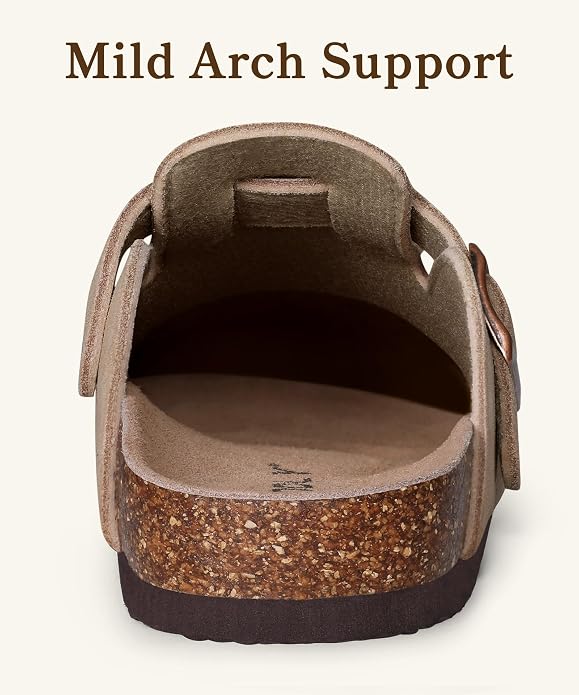 These genuine suede clogs from ODOLY feature a soft cork footbed, arch support, and an adjustable buckle for all-day comfort and a fashionable look.