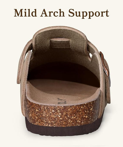 These genuine suede clogs from ODOLY feature a soft cork footbed, arch support, and an adjustable buckle for all-day comfort and a fashionable look.
