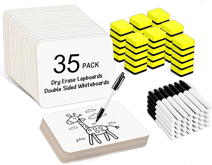 Dry Erase Lapboards, HERKKA 35 Pack Double Sided Dry Erase Lap Boards 9 x 12.5 Inch, 35 Markers, 35 Erasers, Small Dry Erase Boards for Students Classroom Teacher Supplie