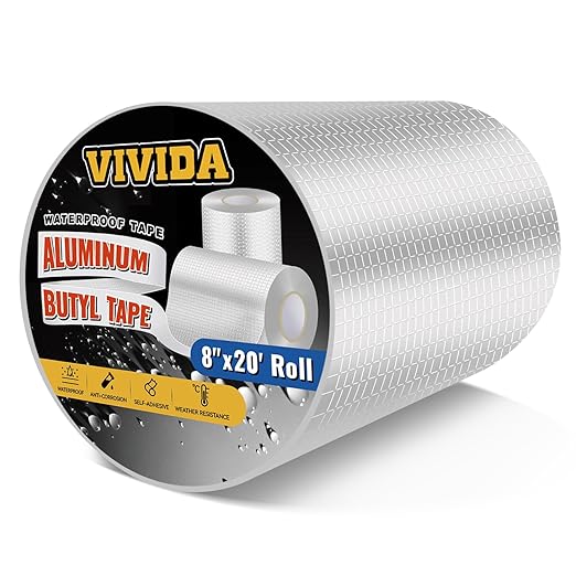 VIVIDA Aluminum Butyl Tape 8"  20', Waterproof Aluminum Foil Butyl Sealing Tape for Outdoor Use, Corrosion Resistant, Repair for Metal Roof, RV, Windows, 1 Roll