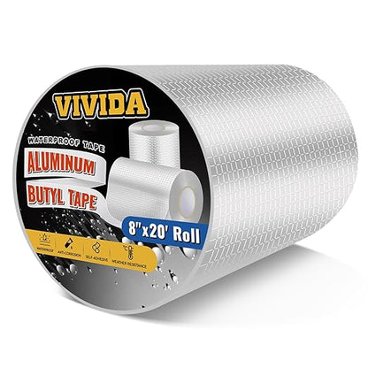 VIVIDA Aluminum Butyl Tape 8"  20', Waterproof Aluminum Foil Butyl Sealing Tape for Outdoor Use, Corrosion Resistant, Repair for Metal Roof, RV, Windows, 1 Roll