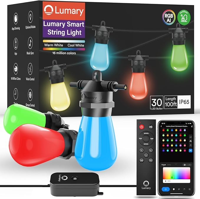 Lumary 100FT Smart Outdoor String Lights with APPRemoteVoice Control, RGBAI Color Changing Patio Lights with Warm White 302 LED Bulbs, IP65 Waterproof Permanent Outdoor Lights Work with Alexa