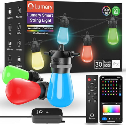 Lumary 100FT Smart Outdoor String Lights with APPRemoteVoice Control, RGBAI Color Changing Patio Lights with Warm White 302 LED Bulbs, IP65 Waterproof Permanent Outdoor Lights Work with Alexa