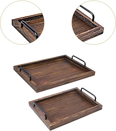 2Pcs Rustic Wooden Serving Trays Farmhouse Decor Multipurpose Rectangular Serving Platters with Handles for Food Tea Coffee, black brown