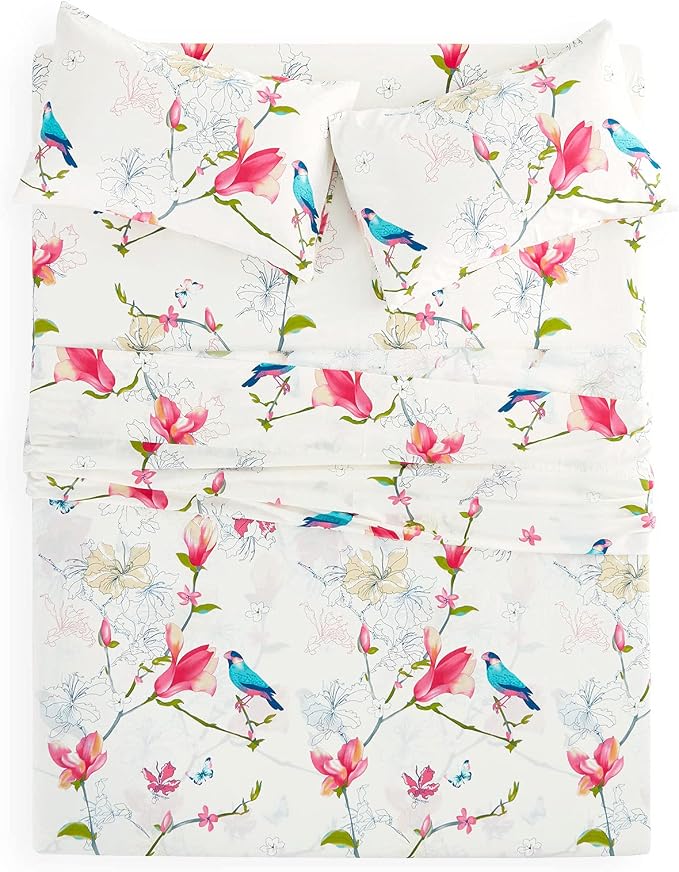 Wake In Cloud - Floral Bed Sheets, 100% Cotton, 4-Piece Sheet Set, Bird Patterned Printed Botanical Boho Flower Aesthetic Bedding, Deep Pocket, Pink Beige, King Size