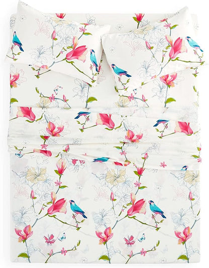 Wake In Cloud - Floral Bed Sheets, 100% Cotton, 4-Piece Sheet Set, Bird Patterned Printed Botanical Boho Flower Aesthetic Bedding, Deep Pocket, Pink Beige, King Size
