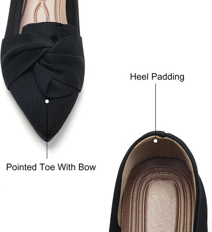 HIULYCENCE Flats for Women Pointed Toe Ballet Flats | Comfortable Knit Breathable Dressy Casual Flats with Bow for Business Work Office Walking Flat Shoes