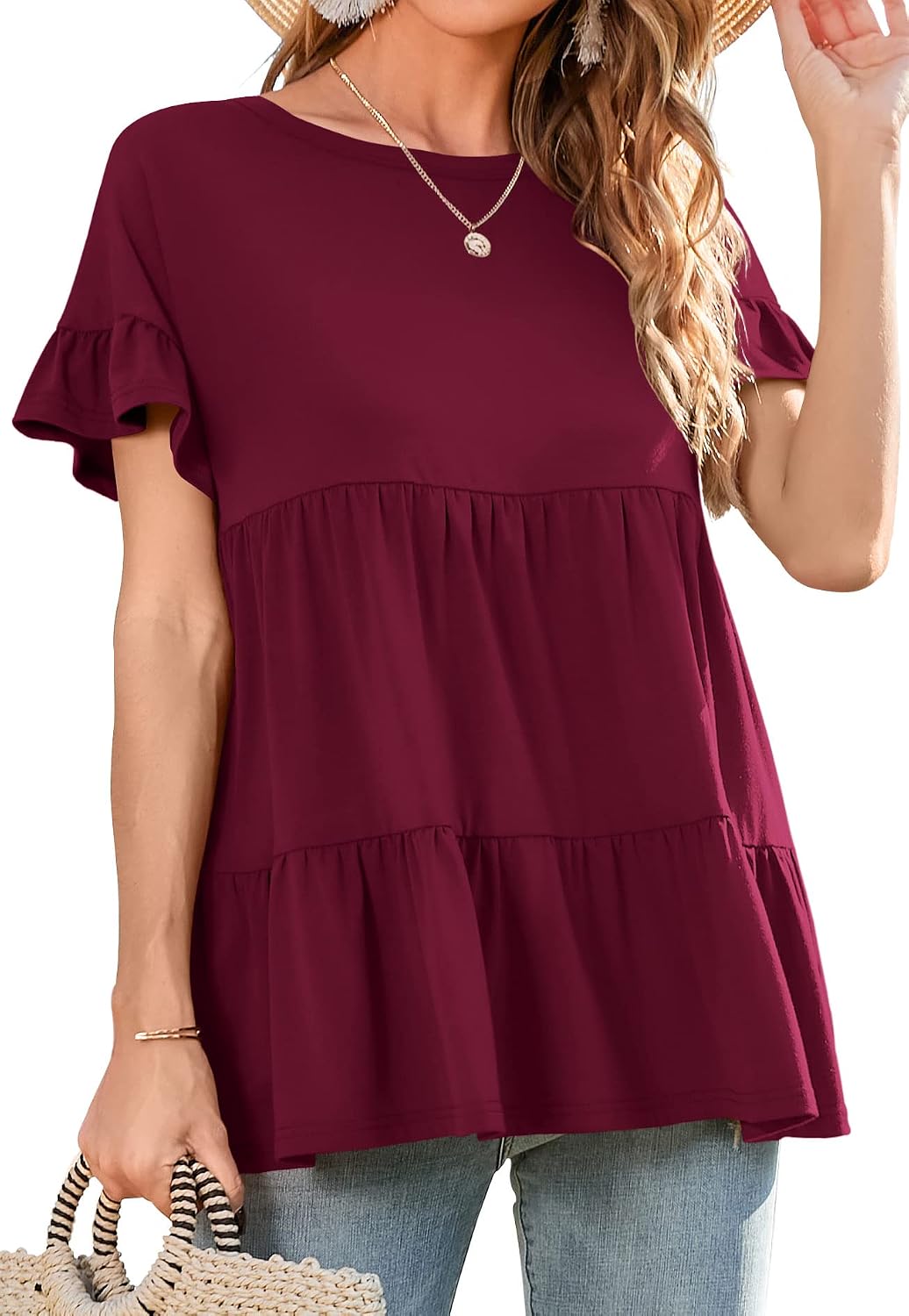 Neineiwu Women's Casual Ruffle Short Sleeve Crewneck Loose Tops Blouses Tunics