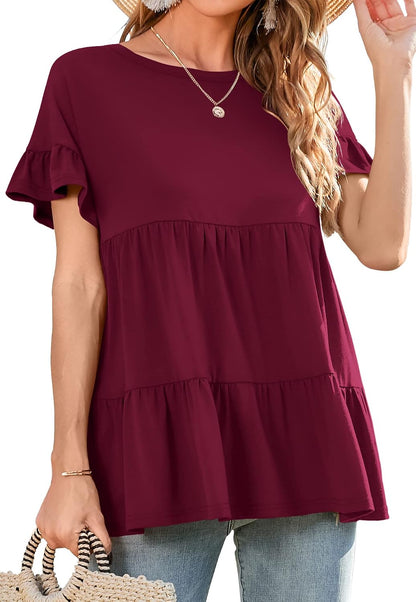 Neineiwu Women's Casual Ruffle Short Sleeve Crewneck Loose Tops Blouses Tunics