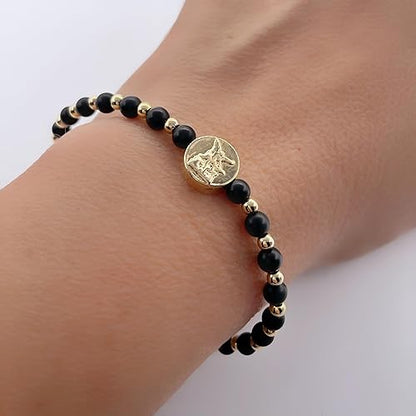 St Michael Archangel Coin and Natural Round White Turquoise Beads Adjustable Bracelet for Women (Black Mate Onix)
