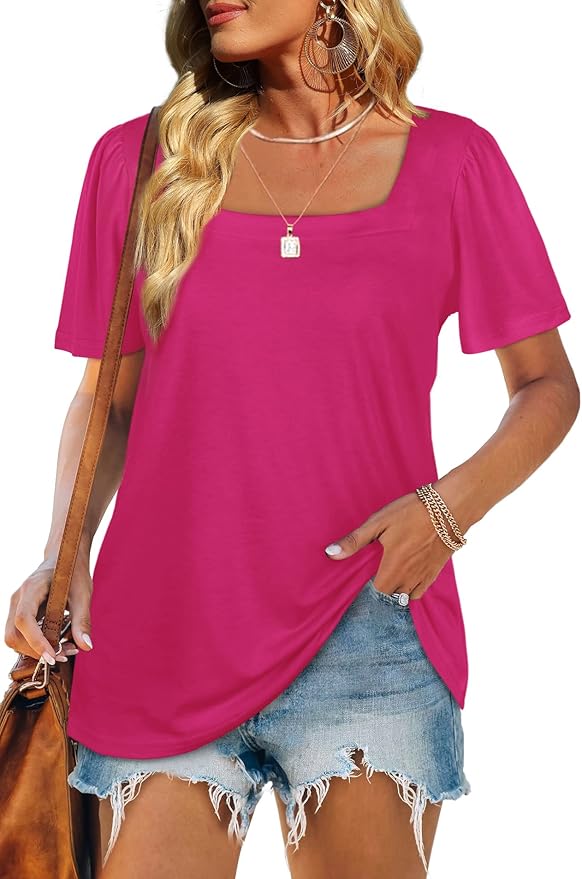 WIHOLL Womens Summer Tops Casual Square Neck Puff Short Sleeve T Shirts