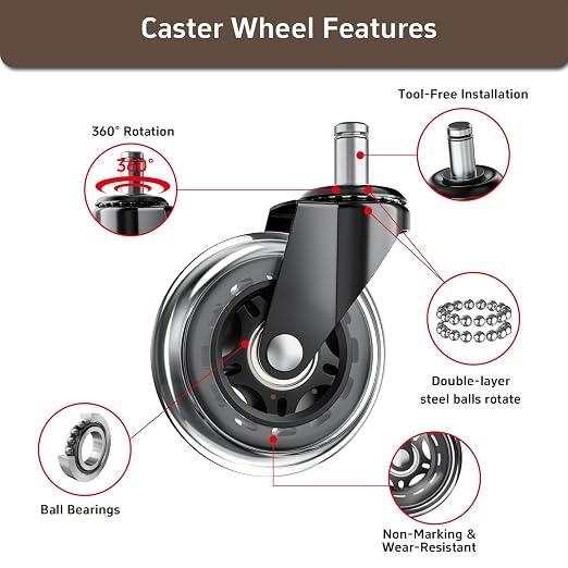 Office Chair Wheels for Hardwood Floor, 4 Pack 3 Inch Heavy Duty PU Caster Wheels, Replacement Casters Universal Stem, Quiet & Smooth for Most Chairs (pack of 4)