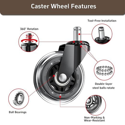 Office Chair Wheels for Hardwood Floor, 4 Pack 3 Inch Heavy Duty PU Caster Wheels, Replacement Casters Universal Stem, Quiet & Smooth for Most Chairs (pack of 4)