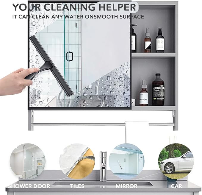 12-inch Stainless Steel Shower Squeegee for Glass Doors, Black Squeegee for Shower Glass with Hook, Water Wiper, Bathroom Squeegee, Water Wiper for Tile Wall Car Mirror Door