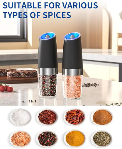 CIRCLE JOY Gravity Electric Pepper Grinder Salt Grinder Pepper Griner Mill Electric with LED Light, Battery Operated, Adjustable Coarseness, Washable 135ml Container, Black