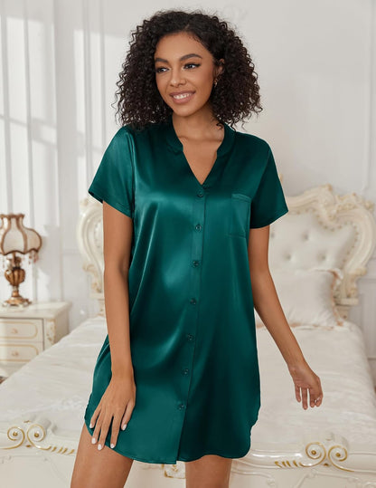 Ekouaer Women's Satin Nightshirt Button Down Sleepshirt Silk Short Sleeve Nightgown V Neck Sleepwear Night Shirts.