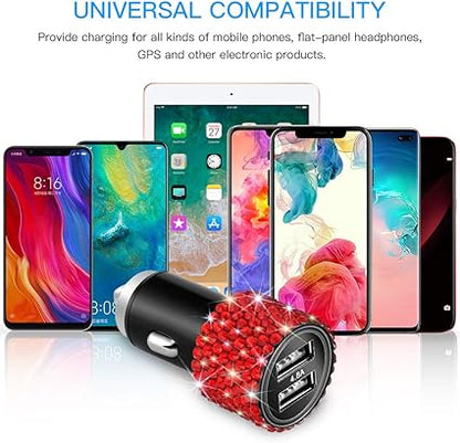 OTOSTAR Dual USB Car Charger, 4.8A Output, Bling Crystal Diamond Car Decorations Accessories Fast Charging Adapter for iPhones Android iOS, Samsung Galaxy, LG, Nexus, HTC (Red)