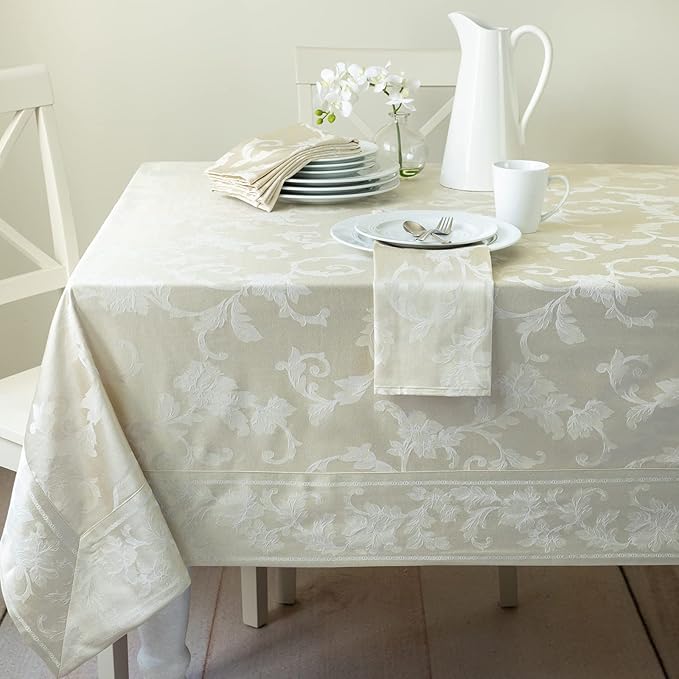 Benson Mills Harmony Scroll Woven Damask Fabric Tablecloth, Everyday, Parties, Special Occasions, Weddings and Holiday Table Cloth (60" X 94" Rectangular, Birch)