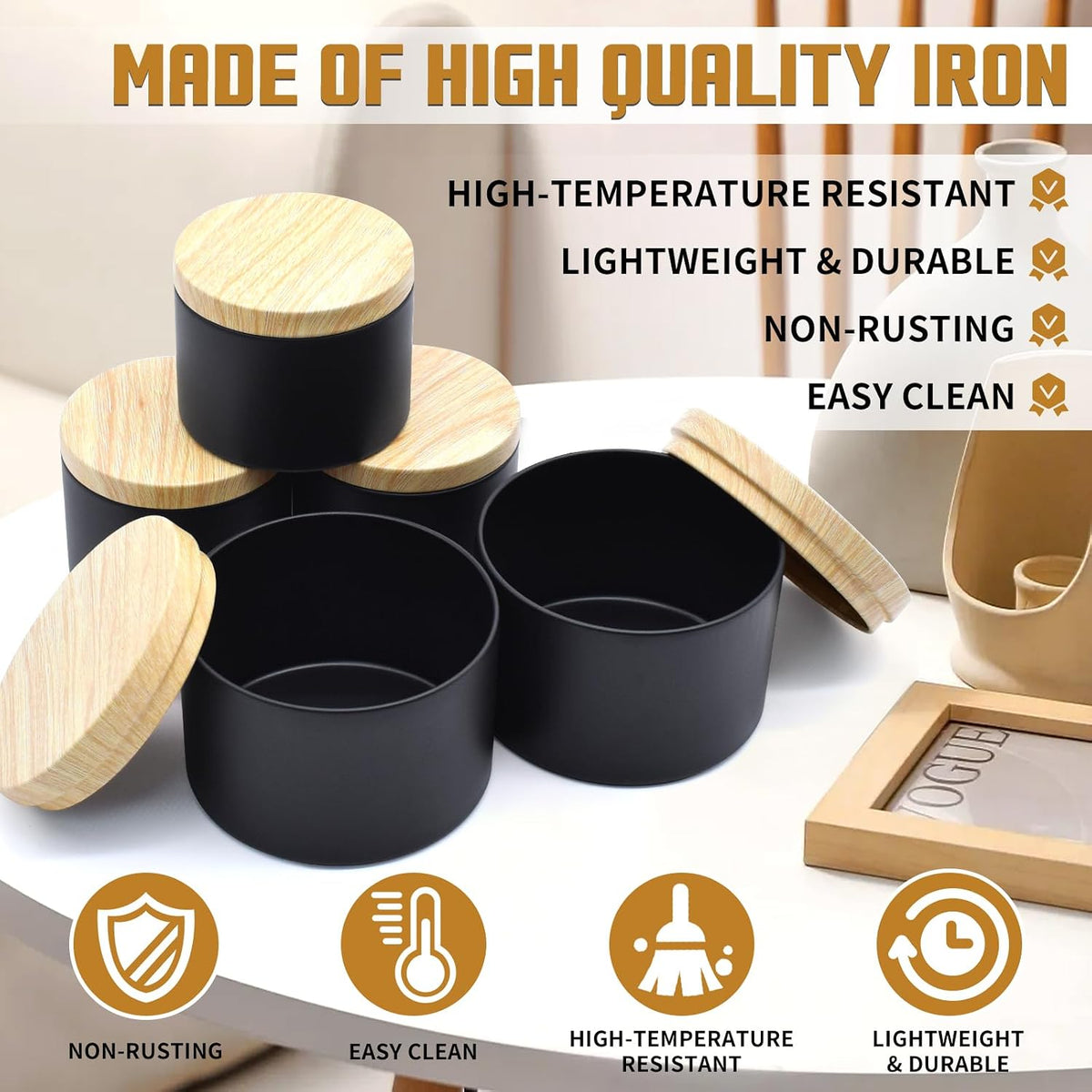 12 Pack Candle Jars, 6pcs 8oz + 6pcs 4oz Candle Tins with Metal Wood-Grain Printing Lids, Empty Candle Jars for Making Candles Bulk Candle Containers - Black