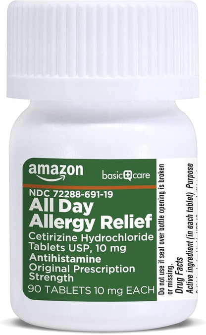 Basic Care All Day Allergy, Cetirizine Hydrochloride Tablets, 10 mg, Antihistamine, 90 Count (Packaging may vary)