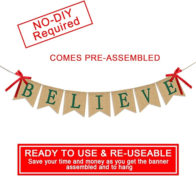 Believe Burlap Banner - Rucitc Holiday Banner Garland - Perfect for Christmas Decoration Xmas Party Decor