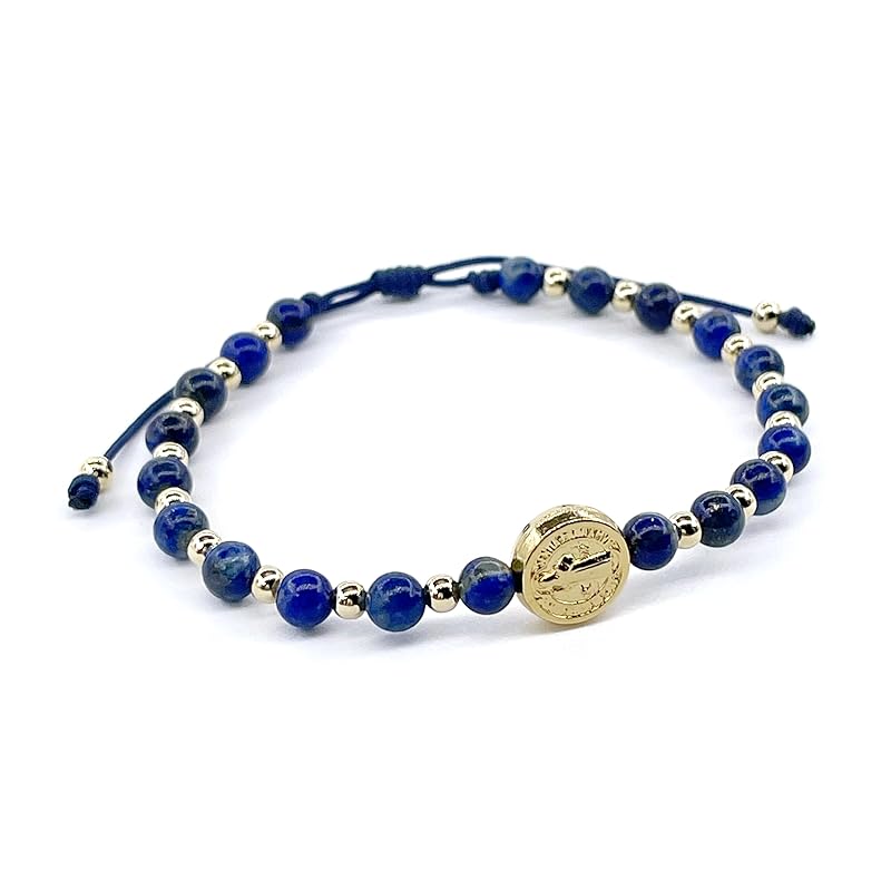 St Benedict Coin and Natural Round Red Coral Beads Adjustable Bracelet for Women (Blue Lapis Lazuli)