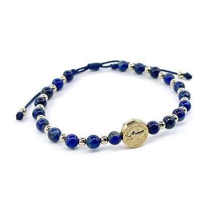 St Benedict Coin and Natural Round Red Coral Beads Adjustable Bracelet for Women (Blue Lapis Lazuli)