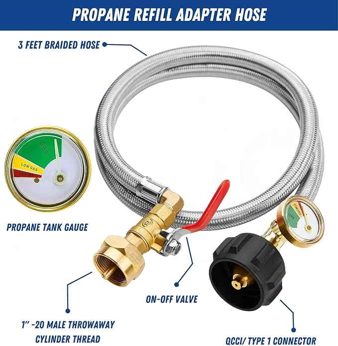 Upgraded 3FT Propane Refill Adapter Hose with Gauge  ONOff Valve  Stainless Steel QCC1 Type 1 Connector for 1 lb. Tanks, Safe  Easy Filling from 5-40 lb Propane Tanks