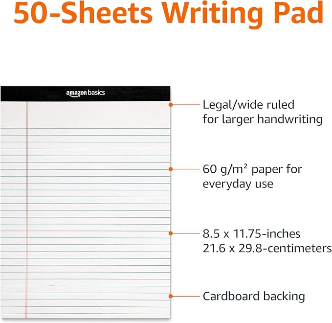 Basics Wide Ruled Lined Writing Note Pads for Office Supplies, 8.5" x 11.75", White, 12-Pack of 50 Perforated Sheets