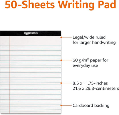 Basics Wide Ruled Lined Writing Note Pads for Office Supplies, 8.5" x 11.75", White, 12-Pack of 50 Perforated Sheets