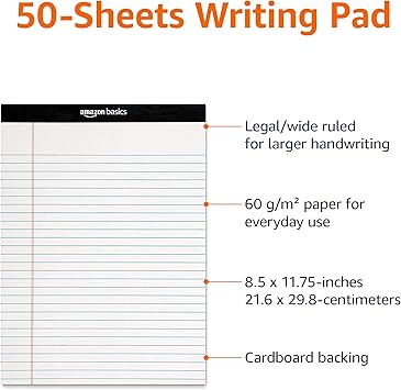 Basics Wide Ruled Lined Writing Note Pads, 8.5 inch x 11.75 inch, White, 12 Count (12 Pack of 50)