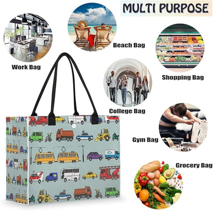 Tote Bag for Women Transportation Car Pattern Large Beach Bag Reusable Grocery Bags Tote Bag for Work Shopping Travel Beach
