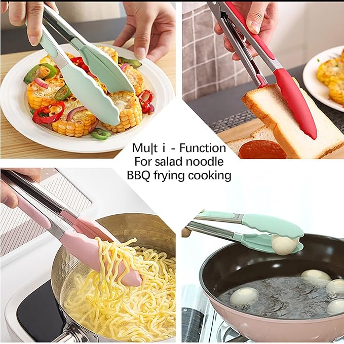 Tongs For Cooking - 7 inch Kitchen Tong with Silicone Tip, Heat Resistant Metal Food Tongs, Stainless Steel Non-Stick Kitchen Tongs for Salad, BBQ Baking, Grilling, Cooking, Dining (Red)