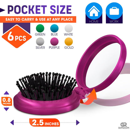 5 Pcs Pocket Hairbrush with Mirror, Travel-Friendly, Soft Bristles Mini Hair Brush with Mirror Set, Foldable, Smooths and Detangles Hair, 2.5x0.8" Size, for Hairstyling and Makeup on the Go (Missing green hairbrush. Set of 5 hairbrushes)
