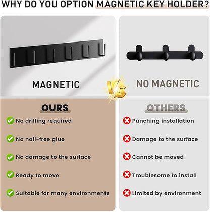 Magnetic Key Holder for Wall, Magnetic Key Hook with 6 Hooks for Metal Entrance Door, Refrigerator,Kitchen, Magnetic Key Hanger, Magnetic Key Rack for Hanging Keys, Towels and Kitchen Utensils