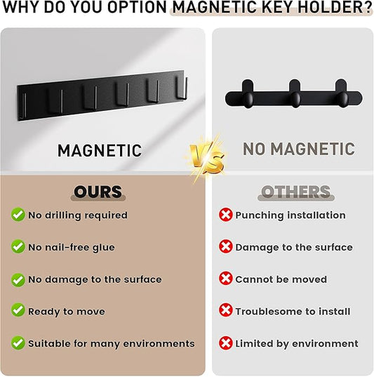 Magnetic Key Holder for Wall, Magnetic Key Hook with 6 Hooks for Metal Entrance Door, Refrigerator,Kitchen, Magnetic Key Hanger, Magnetic Key Rack for Hanging Keys, Towels and Kitchen Utensils