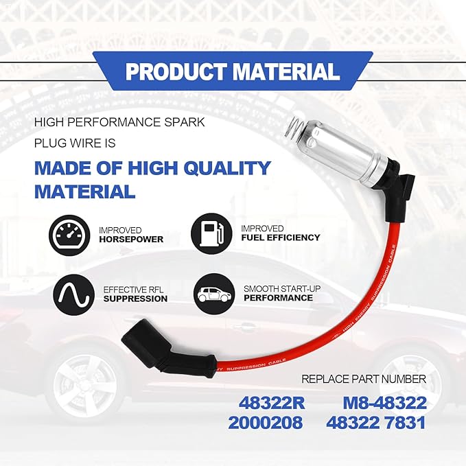 8 PCS Spark Plug Ignition Wire, 10.2mm Spiral Wound Design, Spark Plug Wire Set Compatible with 2000-2009 Chevy GMC V8 Engine, Replace# 48322R