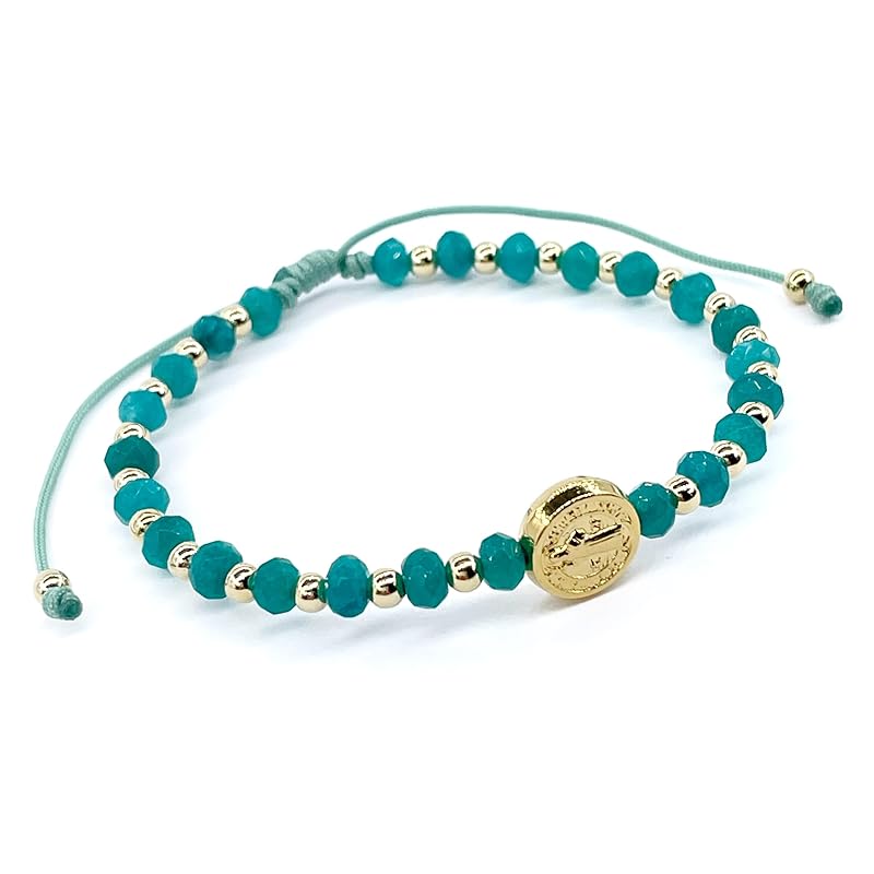 St Benedict Coin and Natural Round Aquamarine Agate Beads Adjustable Bracelet for Women (Aquamarine Agate)