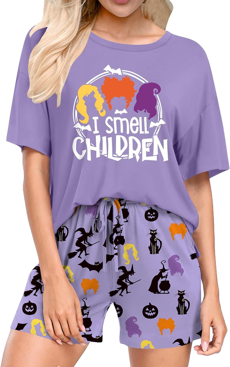 Ithalt Halloween Pajamas Women Pumpkin Short Sleeve Tops and Shorts Pjs Set Fall Sleepwear Spooky Pajamas